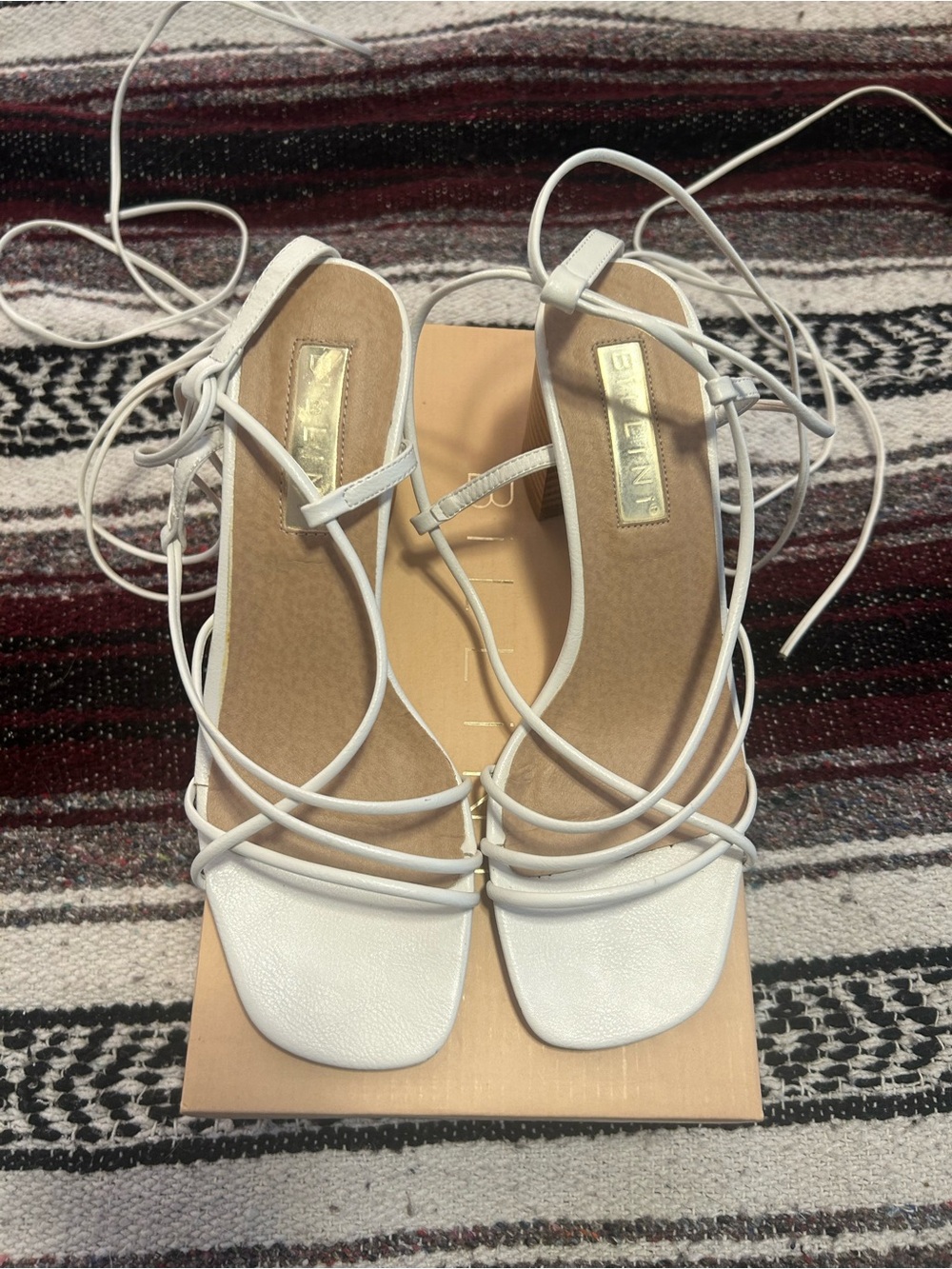 Billini White Strappy Square-Toe Lace-Up Sandal, 3 inch square heel